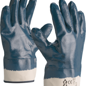 Blue nitrile fully dipped glove on a jersey liner, safety cuff